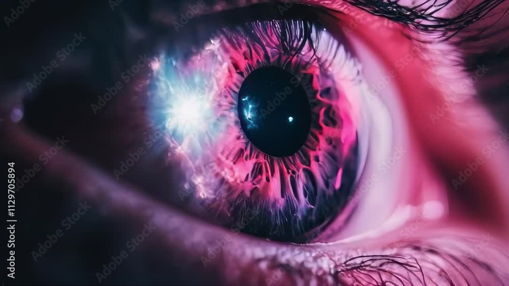 Poster close-up of an eye with a nebula reflection, creating a mesmerizing and otherworldly effect. ideal f