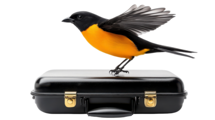 Bird on Black Suitcase, vibrant orange feathers against sleek case, symbolizing freedom and travel dreams. Isolated on white background.