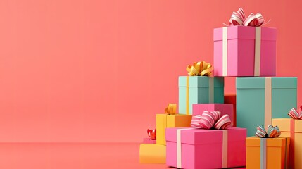 Fototapeta premium Colorful gift boxes stacked on a pink background. Perfect for holiday or celebration themes.