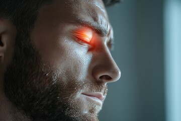 Fototapeta premium A profile view of a man with a vibrant red glow near his eye, conveying a sense of seriousness and deep contemplation, showcasing the interplay of light and shadow expression.