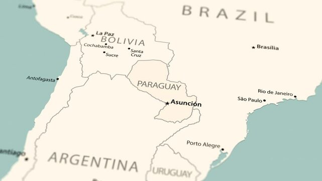 Paraguay on the world map. Smooth map rotation. 4K animation.