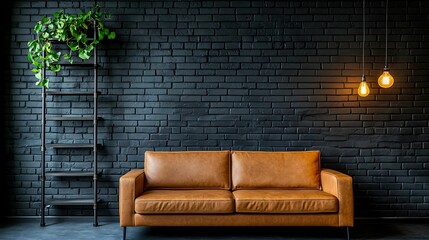 A stylish brown sofa against a textured black brick wall, complemented by hanging lights and a green potted plant on a ladder shelf.