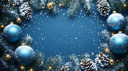 Blue Christmas snowy background with ball and pine
