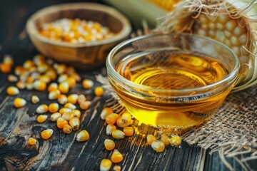 Fototapeta premium Corn oil in bowl with dried corn groats and kernels on rustic background Oil mixture