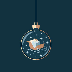 Minimalistyczny wzór bożonarodzeniowej kartki z saniami Świętego Mikołaja z prezentem i małymi gwiazdkami w nowoczesnym i eleganckim stylu. © Monika
