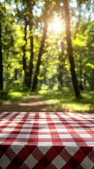 Beneath a canopy of towering trees, a vibrant red and white checkered tablecloth invites moments of joy. Soft sunlight filters through leaves, creating a warm and serene atmosphere perfect for a meal