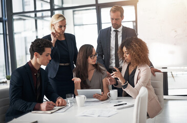 Group, business people and tablet with coworking, collaboration or teamwork in office or meeting....