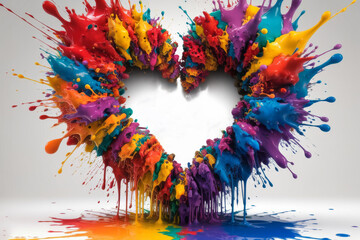 Creative abstract heart design with rainbow paint splatters. Bold and colorful abstract heart illustration with dripping paint perfect for valentine wedding anniversary and love theme concepts.