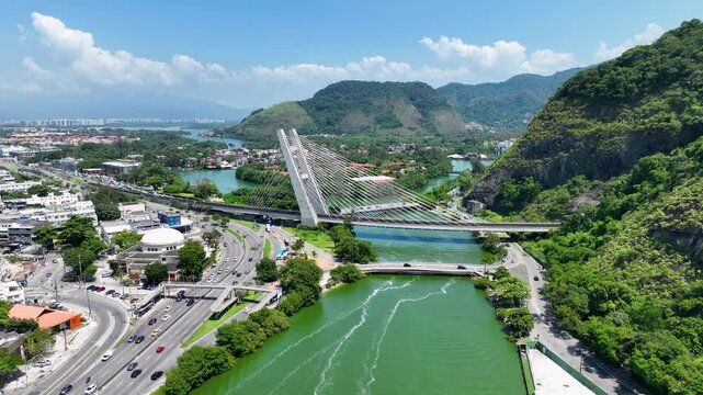 Cable Bridge At Barra Da Tijuca Rio De Janeiro Brazil. Iconic Structure Of Bridge Connecting Landmarks Streets. Shore Sky Beach Sea. Shore Tropical Environment. Barra da Tijuca Rio de Janeiro.