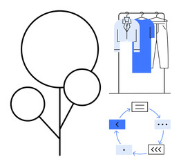 Tree with three circular branches, a clothing rack with garments, and a cyclic workflow diagram. Ideal for fashion, nature, process visualization, modern design, infographics, presentations