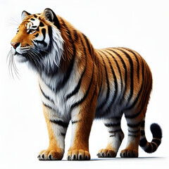 Fototapeta premium Tiger isolated on a white background, Side view, tiger standing full HD image generated by Ai. full body, realistic, full detail looking at the camera.