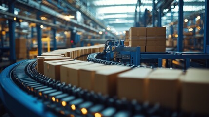 Naklejka premium Cardboard Boxes on Conveyor Belt in Modern Warehouse