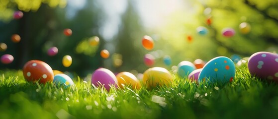 Colorful easter eggs hidden in lush green grass outdoor spring celebration nature scene