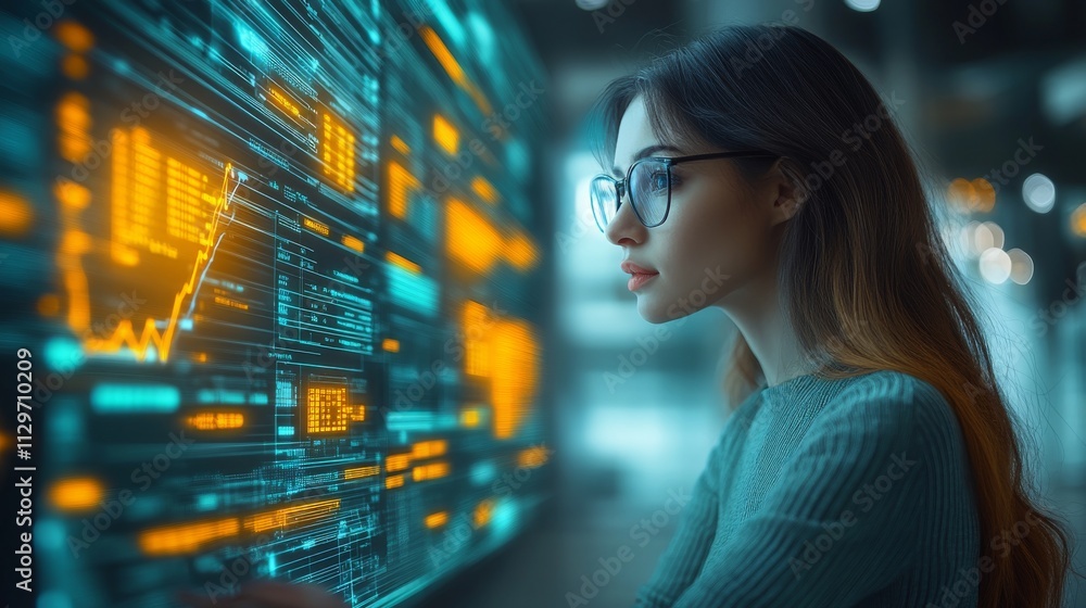Poster data analyst working at a high-tech office, creating personalized solutions using analytics