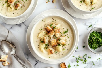 Creamy cauliflower soup with bread croutons on white marble Vegetarian winter meal ideas Copy space