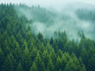 Dense forest shrouded in a light mist. Rich green trees cover the hillside. Nature-based solution for eco-friendly gas reduction. Restoration project absorbs CO2.