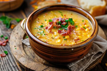 Creamy corn chowder with crispy bacon on rustic wood background Close up shot
