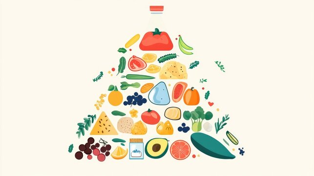 Colorful food pyramid illustration showing various fruits, vegetables, and dairy products.