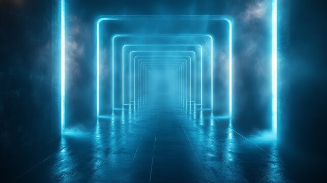 A long blue tunnel with a blue light at the end