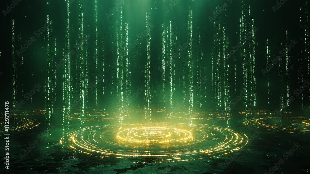 Poster glowing green particles with circular light patterns in a mystical digital environment creating an e
