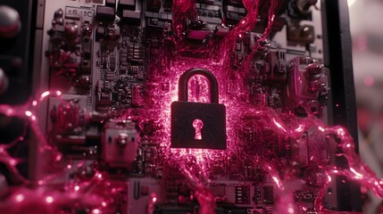 Padlock glowing amidst pink liquid flowing over circuit board.  Cybersecurity concept.