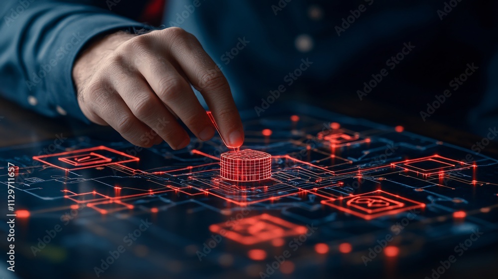 Poster hand interacting with a digital interface displaying red 3d graphics representing data connections a