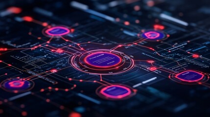 Abstract digital network visualization with glowing nodes and connections, symbolizing communication, technology, and data exchange in a futuristic environment