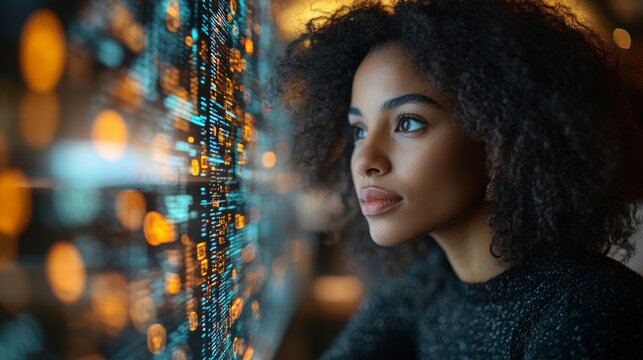 Young woman engaging with AI-driven fintech platform while analyzing credit data in a modern setting