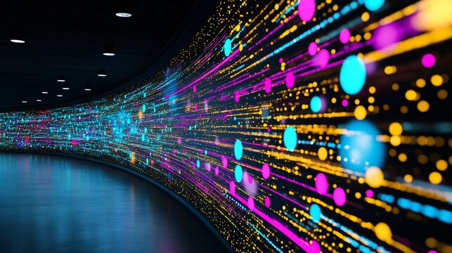 Abstract vibrant light trails creating a dynamic digital background in a modern corridor featuring a colorful display of glowing dots and lines