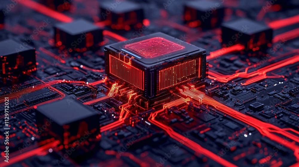 Poster futuristic close-up of a high-tech microchip amidst glowing red circuits on a circuit board, illustr