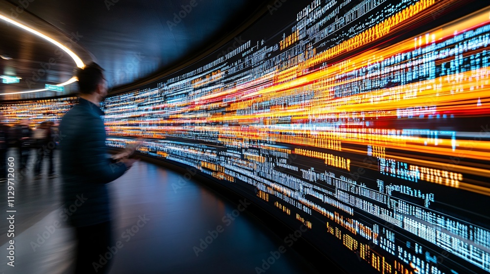 Poster futuristic data visualization with a person interacting in a high-tech environment featuring colorfu