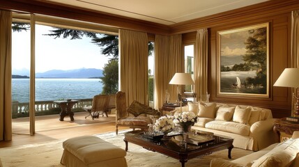 Fototapeta premium Luxurious Lake View Living Room Interior Design
