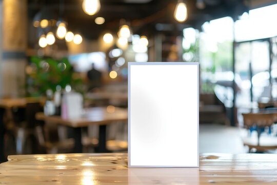 Create a mock menu for a bar using a blank frame on a wooden table with a blurred cafeteria background