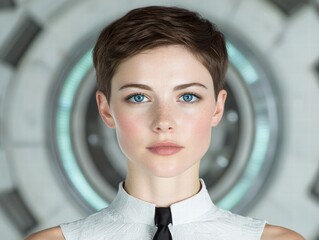 Thoughtful young woman with blue eyes and short dark hair