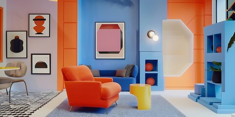 Modern Minimalist Memphis-Style Living Room with Bold Geometric Patterns, Vibrant Colors, and Sleek Furniture for a Contemporary Aesthetic