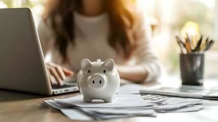 Woman working on laptop with piggy bank and paperwork.  Saving money concept.