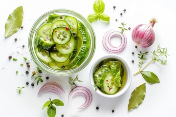 Obraz premium Cucumber and onion salad with spices and herbs on white background