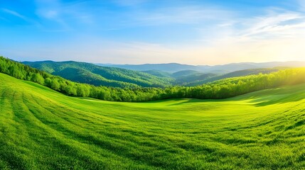 Fototapeta premium Serene green hills and mountains under a bright blue sky. Perfect for nature, travel, and landscape projects.