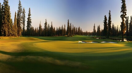 Serene sunset over a lush green golf course.  Peaceful putting green with flag, surrounded by tall trees and a calm lake.
