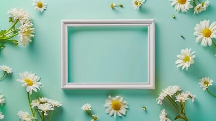 A blank white picture frame with metal edges centered encircled by daisies and hydrangeas © J