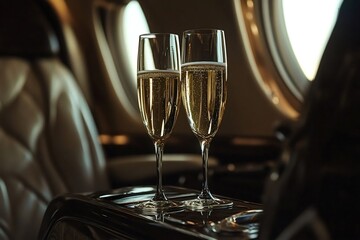 Two elegant champagne flutes filled with sparkling champagne stand on a table inside a luxurious private jet, symbolizing a celebratory moment of success and high-end travel