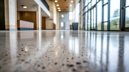 Polished concrete floor reflecting modern building interior.  Image shows sleek design and clean lines.