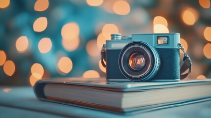 Vintage camera on book with bokeh lights.