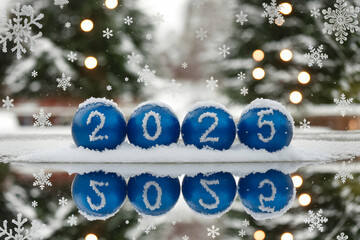 Blue spheres with 2025 rest amidst delicate, luminous snowflake patterns