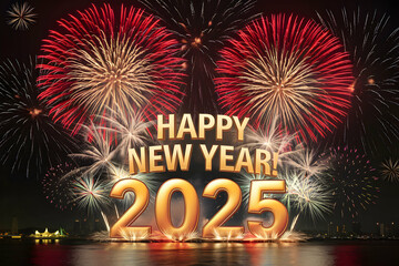 Red and gold fireworks light up Happy New Year 2025 in golden text