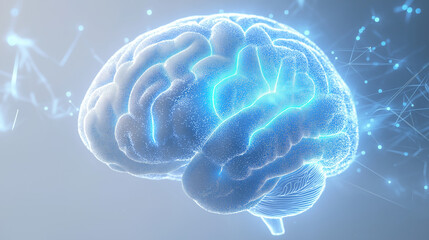 Fototapeta premium 3D Model of White Brain Floating in Clear Space with Blue Glowing Effects