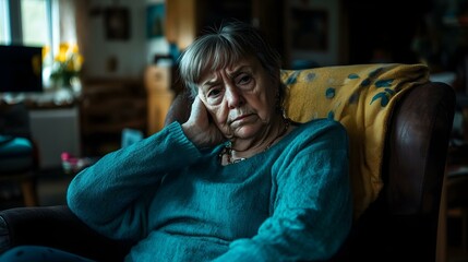Obraz premium Pensive elderly woman sits in armchair, lost in thought. A portrait focusing on her emotions and age.