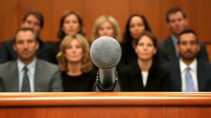 Microphone at a podium with a blurred background of a jury or panel.  Image depicts public speaking, press conference, or courtroom setting.