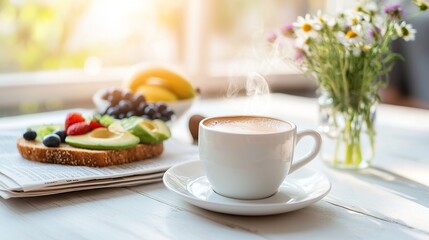 A cozy breakfast scene with coffee, fruit, and a flower vase.