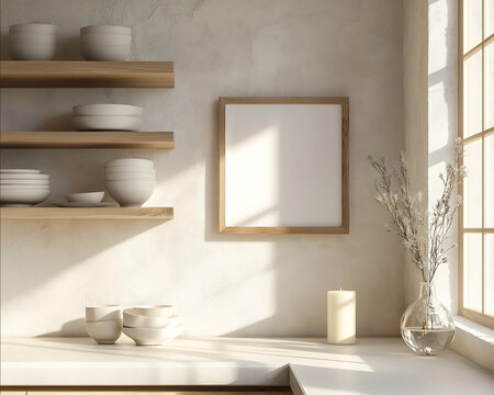mock up view from the end of countertop 5x7 ratio blank thin wooden photo frame hanging on the kitchen wall minimalist kitchen open shelves with only few white bow